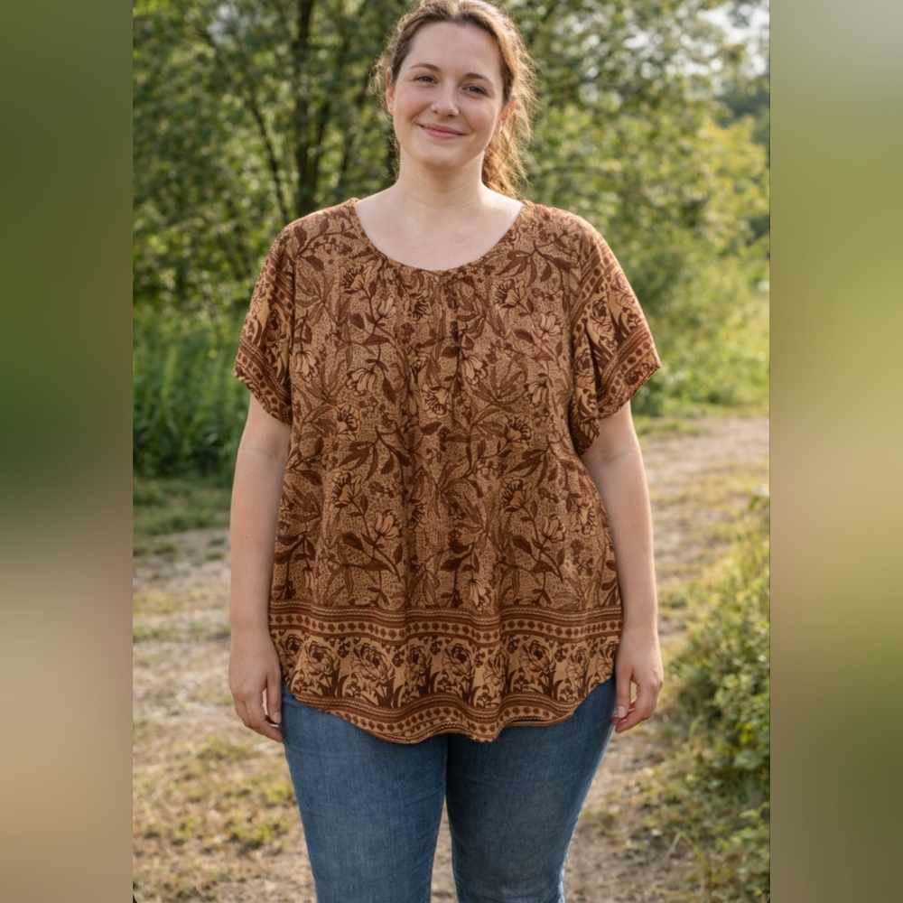Easel Brown Floral Boho Flowy Festival Short Sleeve Peasant Top NWT Large